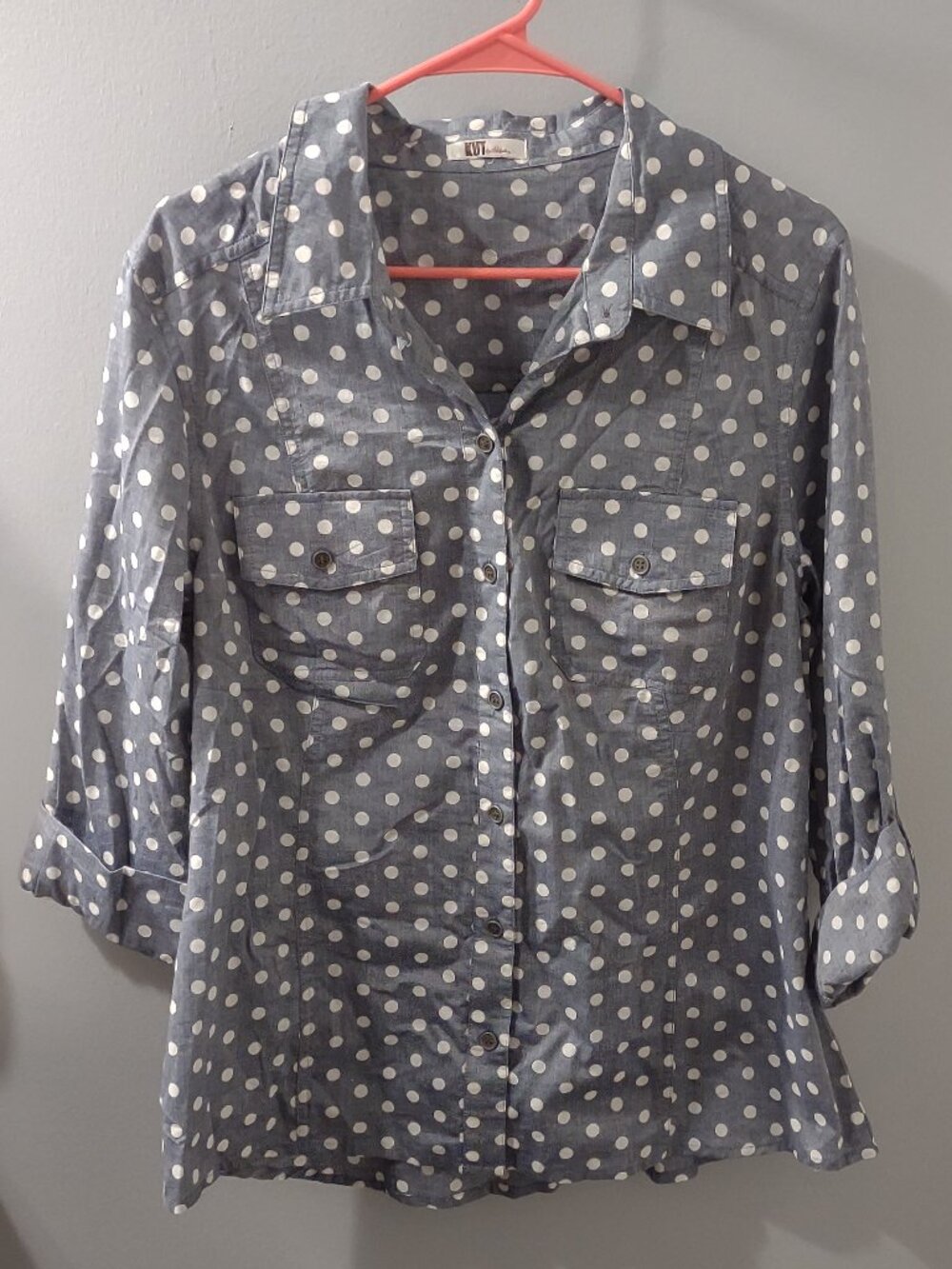 KUT From The Kloth New Size L Gray White Polka-Dot Cotton Blouse - Picture 1 of 5